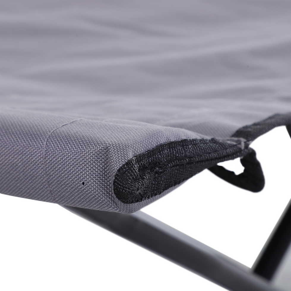 Miniature : Close-up of grey double camping folding cot showing reinforced corner stitching and metal support frame