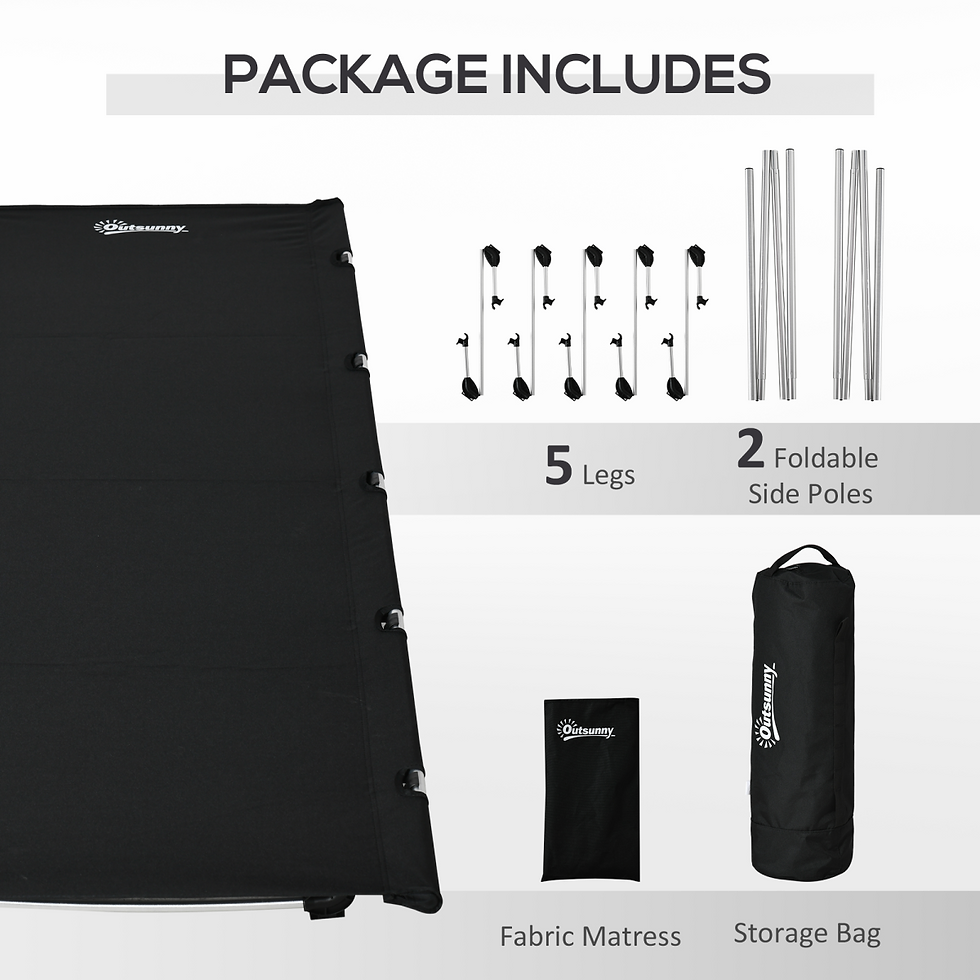 サムネイル： Camping cot bed package contents showing fabric mattress, legs, side poles and storage bag