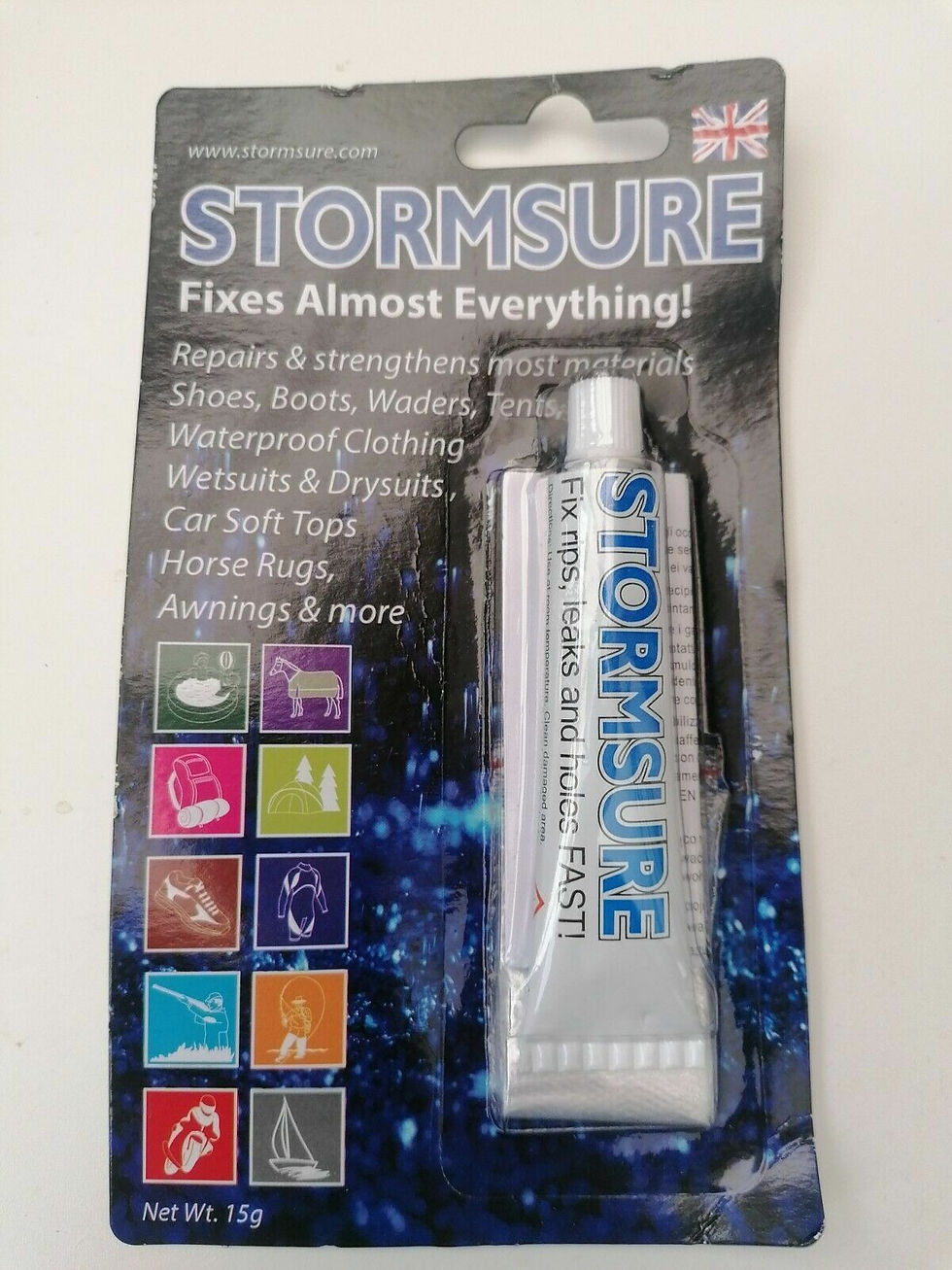 tube of stormsure adhesive in the blue packet displayed on the white background