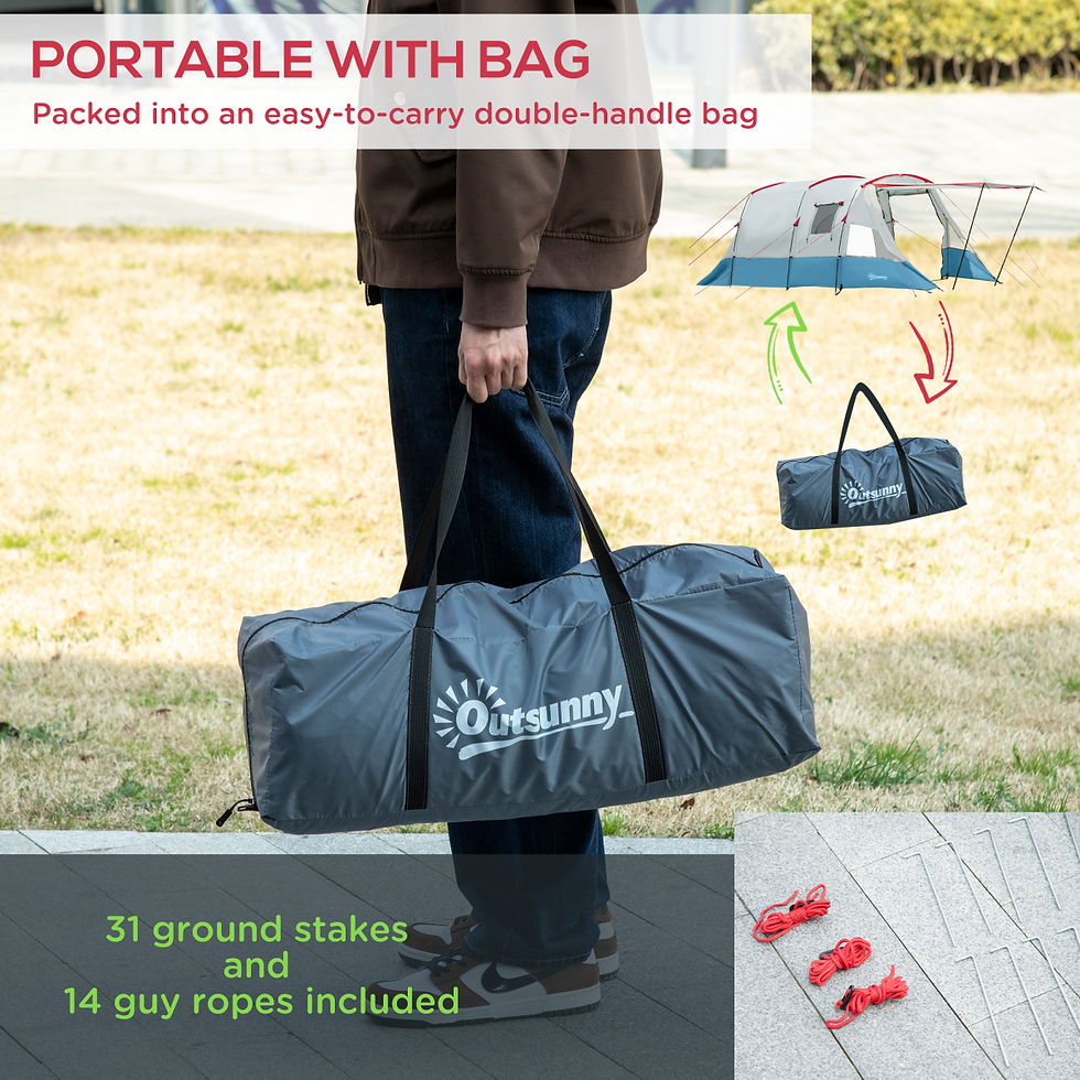 Thumbnail: Outsunny family camping tent packed into a carry bag with double handles, showing easy portability and included ground stakes