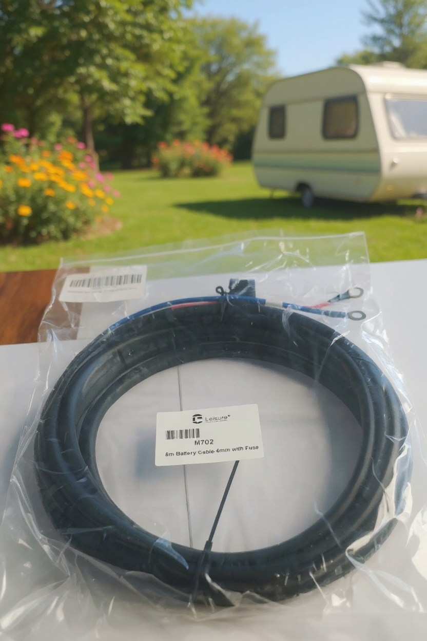 Battery cable inside a clear package, caravan in the background. Plastic Socket N Type.