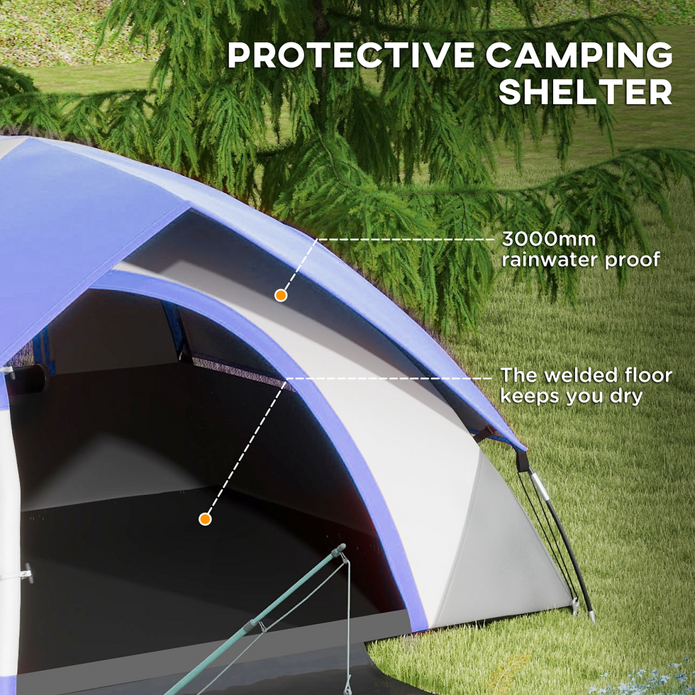 Thumbnail: Protective camping shelter showing blue and grey tent with 3000mm waterproof rainfly and welded groundsheet, designed to keep