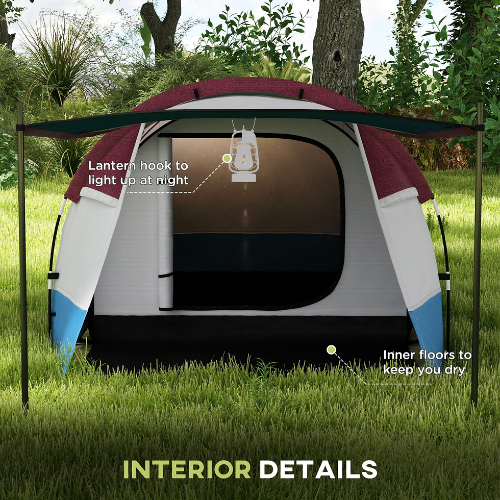 サムネイル： Camping tent interior showing lantern hanging hook for night lighting and waterproof inner floor designed to keep the sleepin