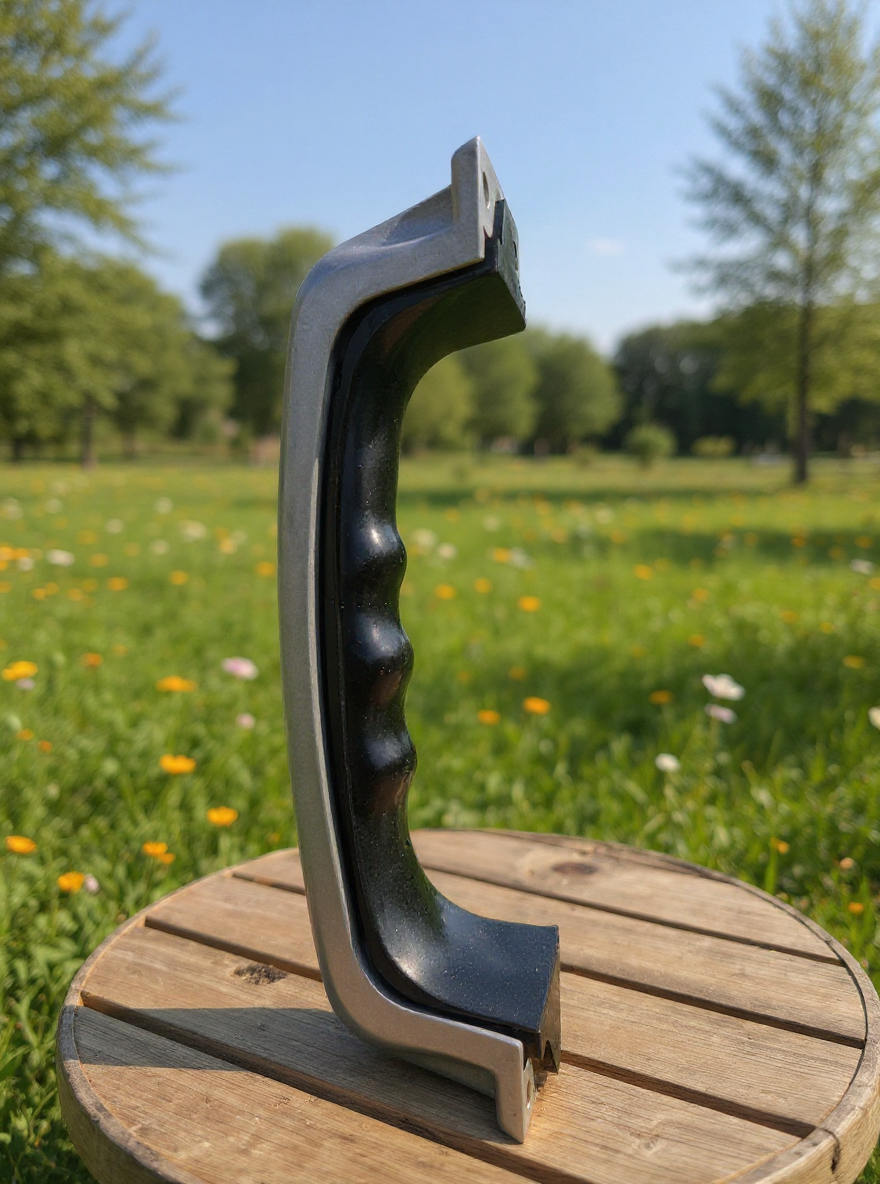Black and silver handle on a wooden surface with a grassy background.