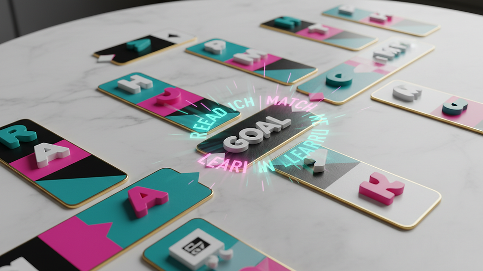 Close-up of colorful reading game cards spread on a table