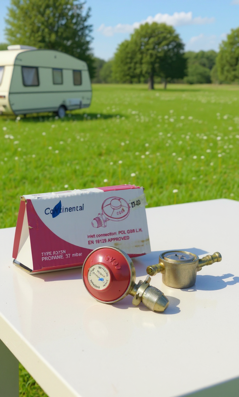 Continental gas regulator and fittings with caravan in the background on grass.