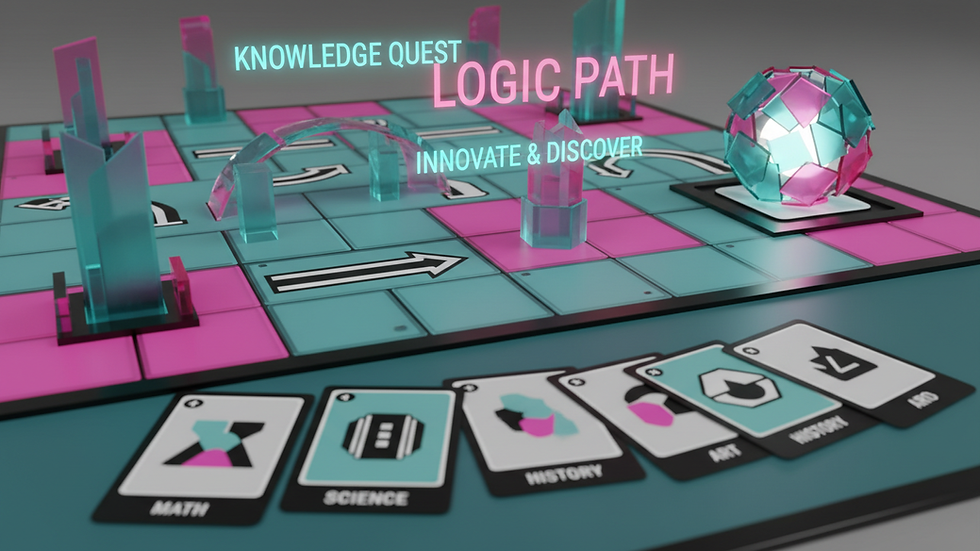 Eye-level view of colorful game board with educational cards