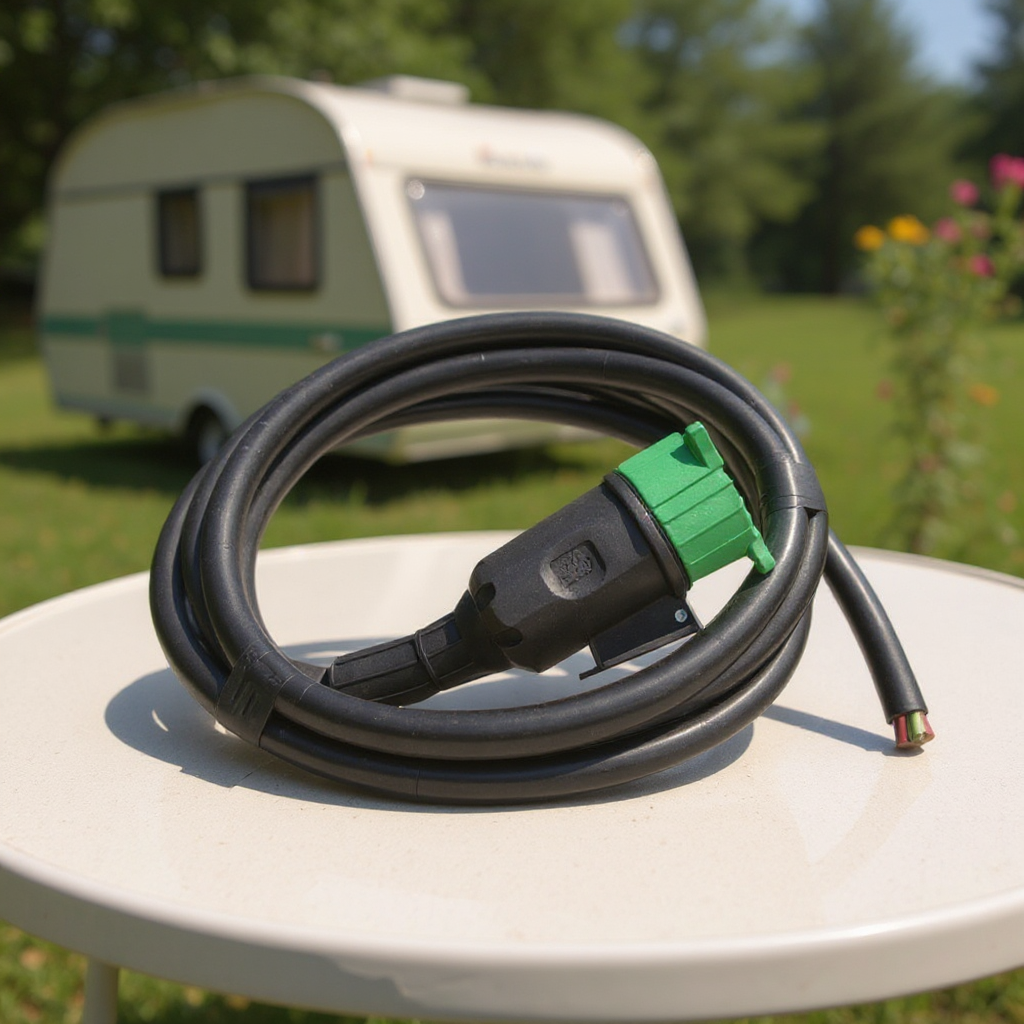 Coiled black electrical cable with a green connector resting on a wooden table outdoors, with a sunlit garden and flowers