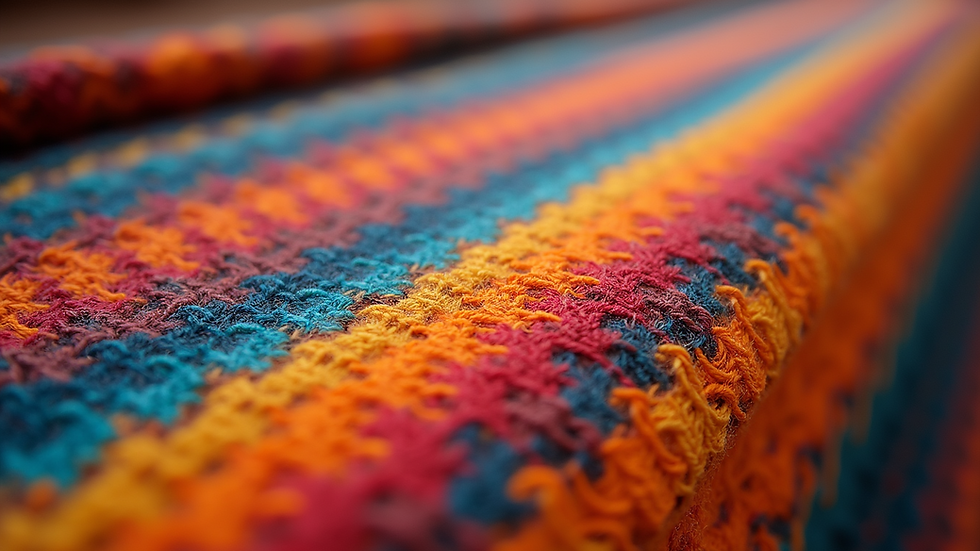 Close-up view of a handwoven textile with vibrant colors and intricate patterns