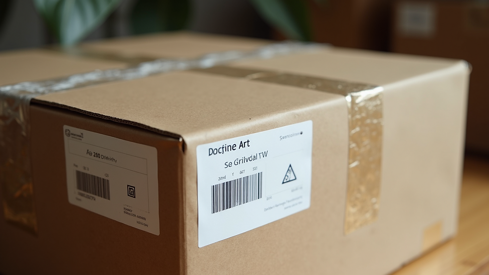Eye-level view of a shipping box with fragile art labels and protective packaging