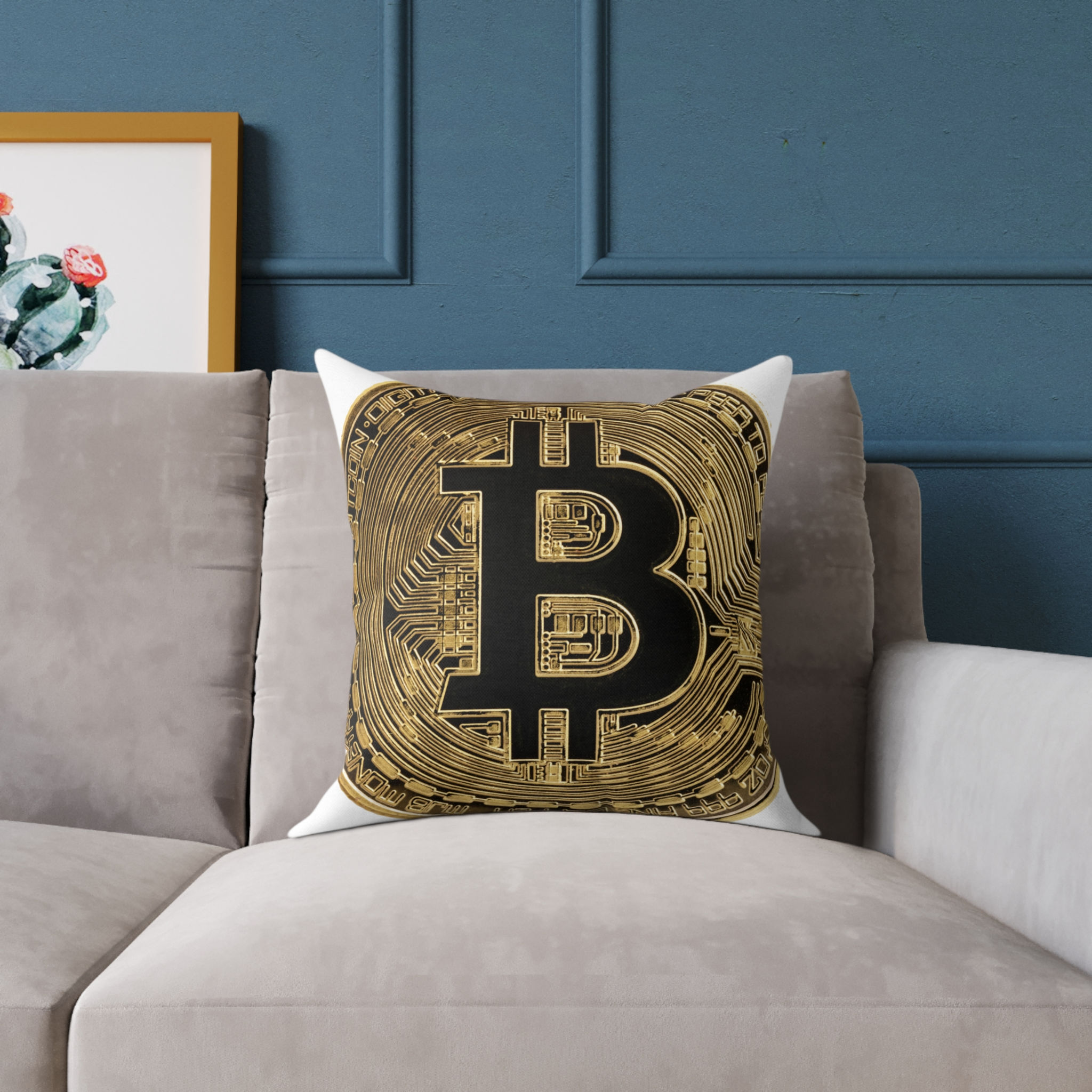 Bitcoin Square Poly Canvas Pillow, Cryptocurrency Decor, Modern Home Accent