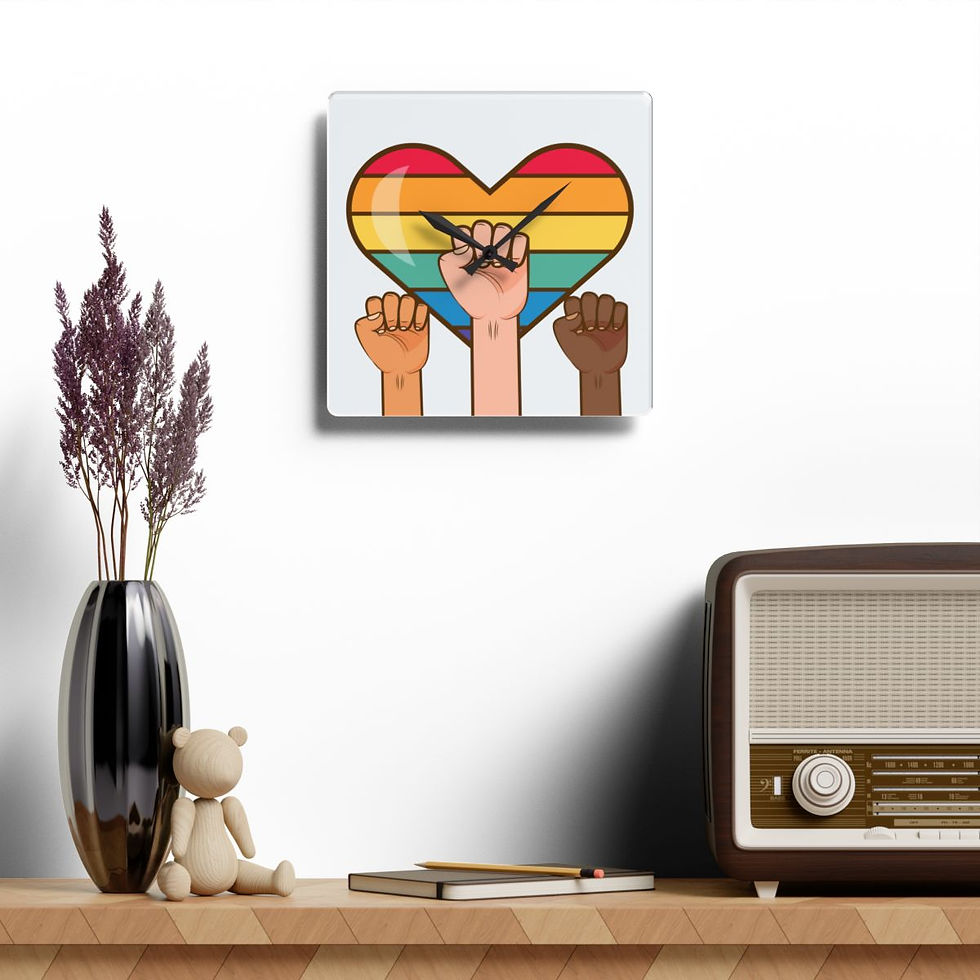 Thumbnail: LGBTQ Wall Clock with three fists in front of a rainbow heart