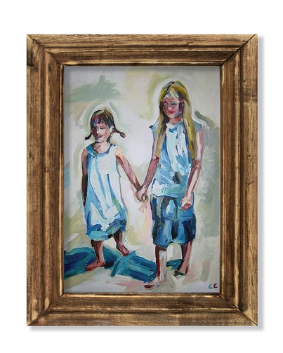 Painting of girls searching for shells on beach, acrylic on canvas.