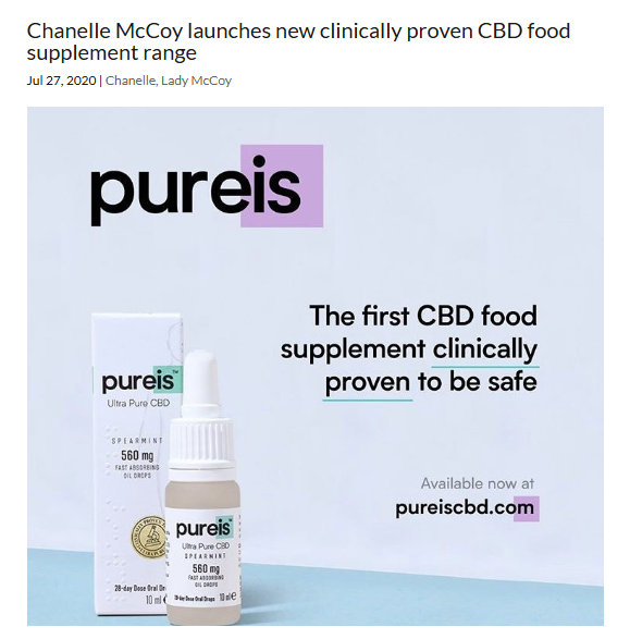 CBD supplement image with a bottle and box on a light blue surface. Text reads "Pureis" and "clinically proven to be safe." Website: pureiscbd.com.
