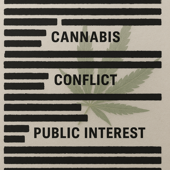 Redacted government files exposing conflicts of interest in CBD regulation, with a faded hemp leaf hinting at the buried truths within UK policy.