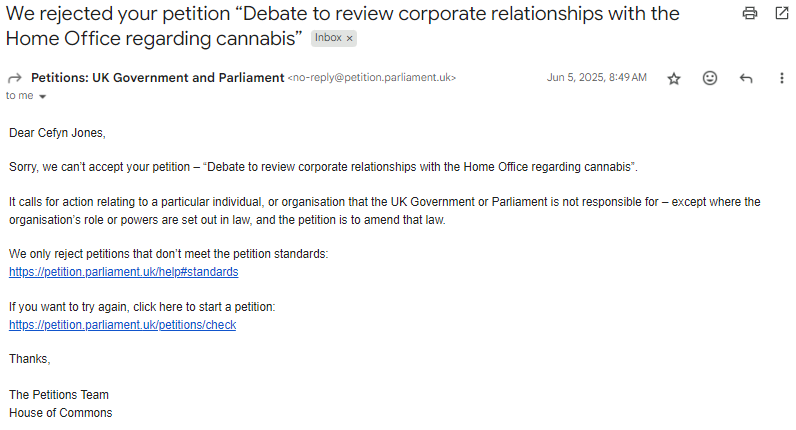 We rejected your petition “Debate to review corporate relationships with the Home Office regarding cannabis”