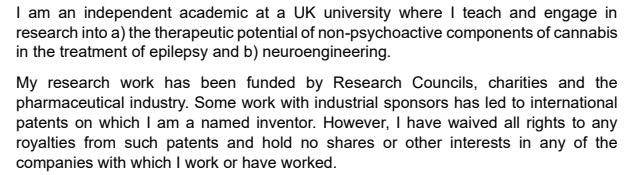 Text about an academic researching cannabis components and neuroengineering. Discusses funding, patents, and no financial interests.