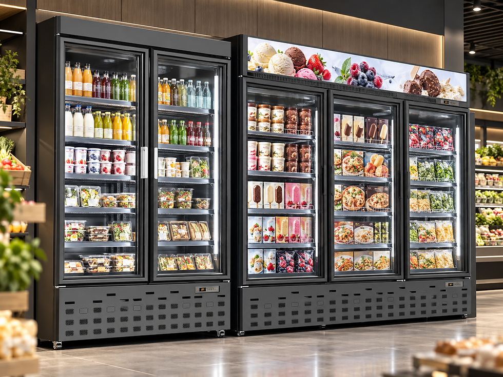 Commercial display refrigerators and freezers with integrated LED lighting for chilled and frozen food merchandising.
