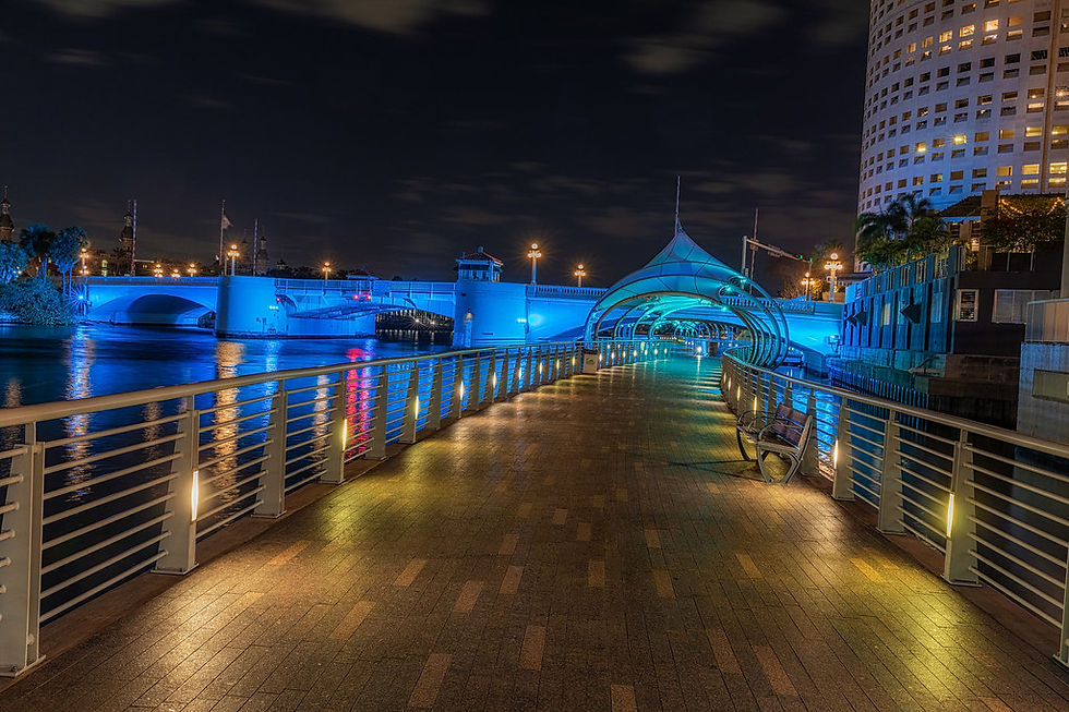 Tampa Bay pier at night lit up blue