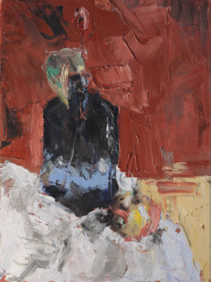 A heavily textured oil on canvas painting applied with a palette knife. It is a still life work depicting a blue bottle, apple and tulip.