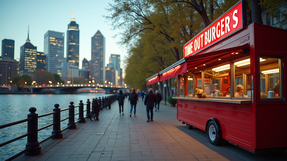 Wide angle view of Time Out Burgers food stall by the Yarra River