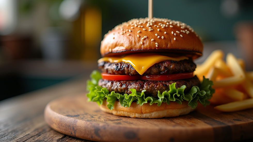 High angle view of a perfectly cooked burger on a wooden board