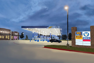 digital illustration of a lit up Valero gas station in the evening of an overcast night. Dark grey clouds roll overhead on the right-hand side.