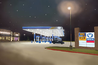 digital illustration of a lit up Valero gas station in the dead of night . Starry night sky can be scene in the background.