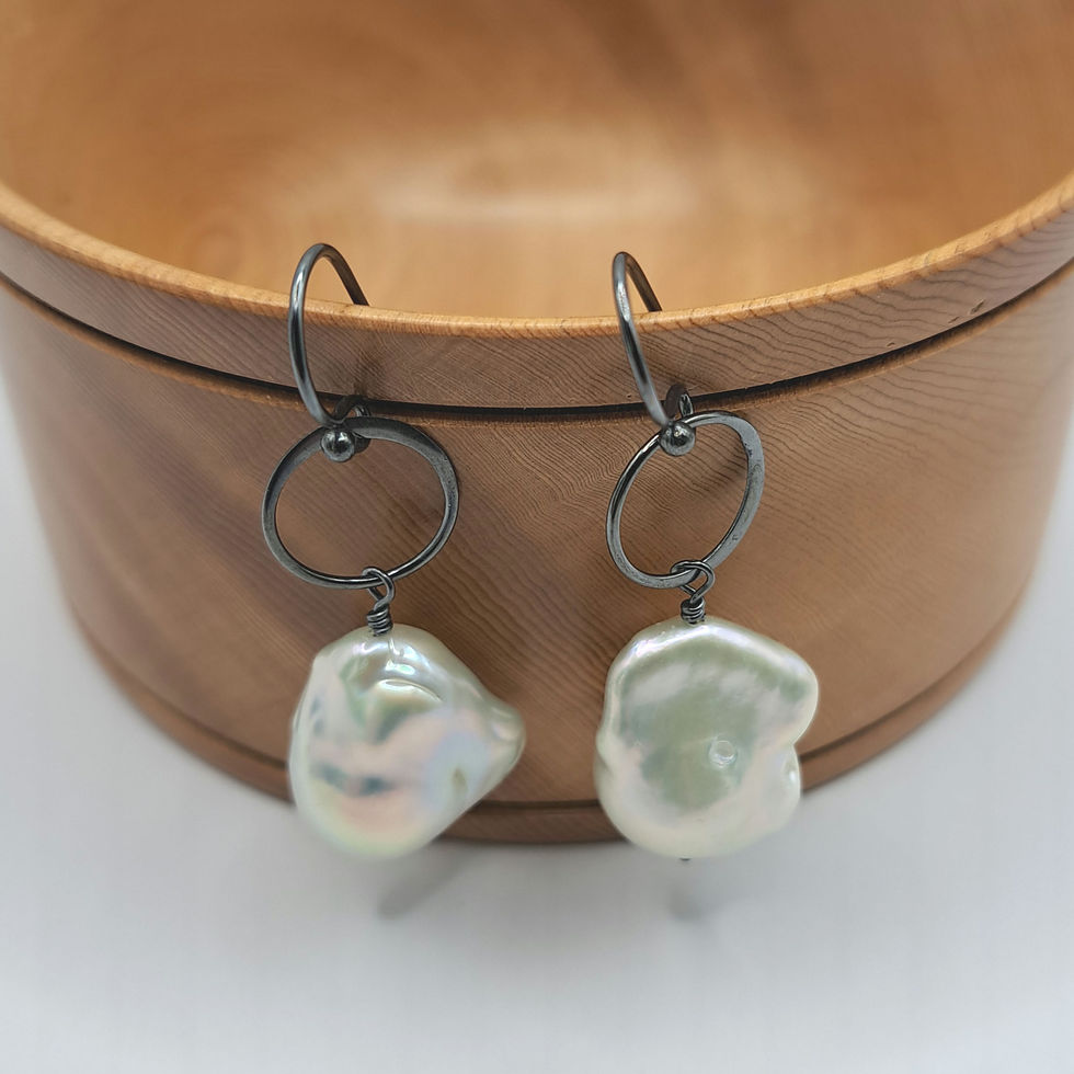 Thumbnail: Large white baroque pearls & oxidised Sterling silver earrings 