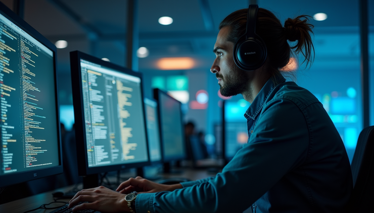 Eye-level view of a cybersecurity specialist analyzing network data on multiple monitors