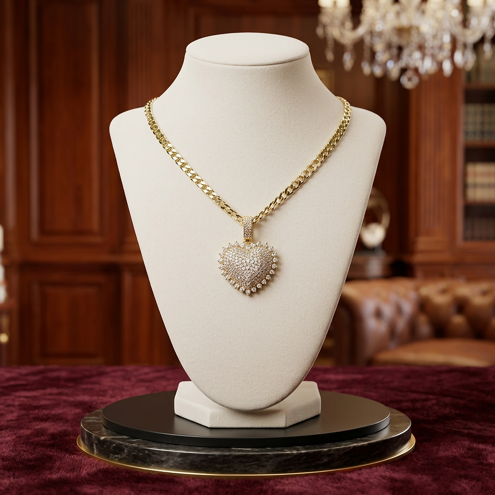 Gold chain necklace with sparkling heart pendant on white jewelry bust.