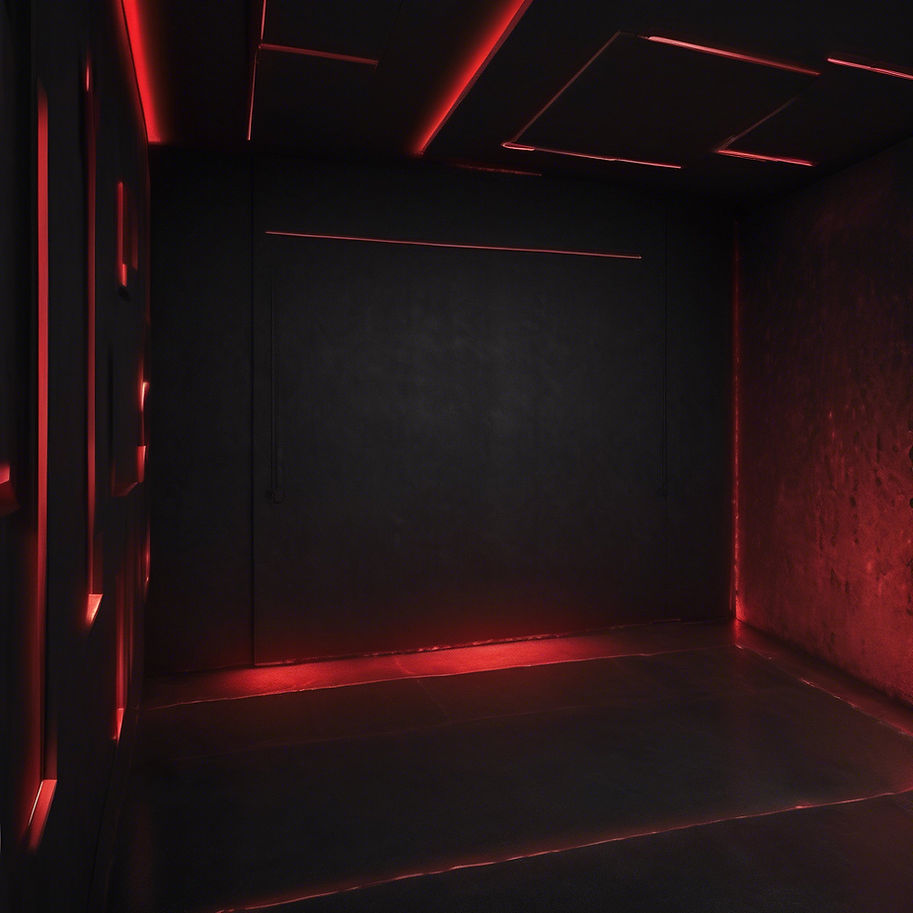 A dark, almost black textured wall with a subtle industrial feel. Soft, moody red lights c