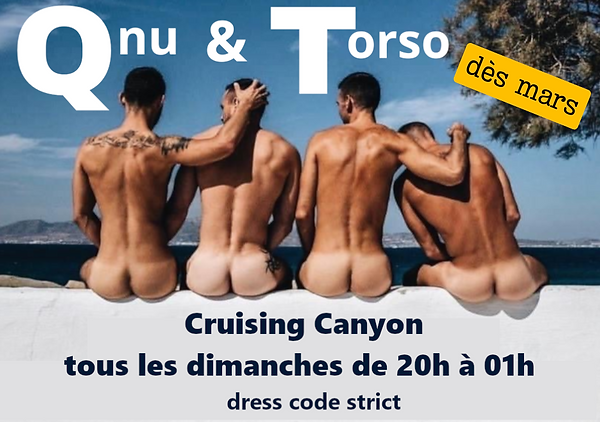 Q Nu and Torso event every Sunday starting in March at Cruising Canyon: men shirtless or fully nude, in jockstraps, underwear, or harnesses, enjoying a night of freedom and uninhibited pleasure