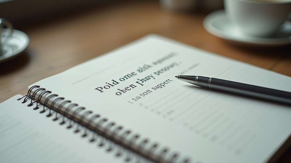 Close-up view of a journal with motivational notes and a pen