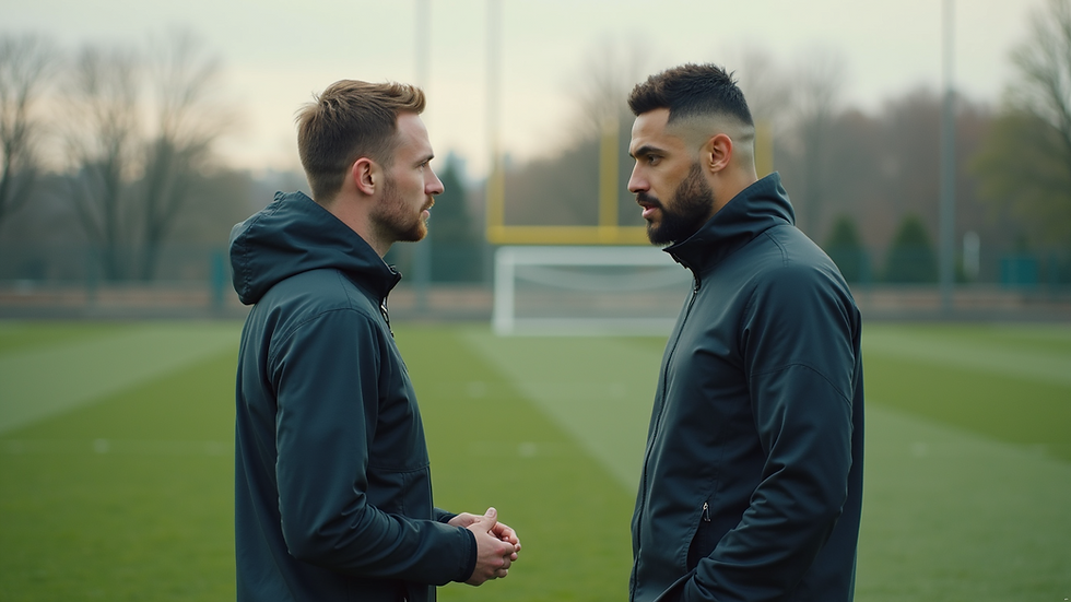 Eye-level view of a coach discussing strategy with an athlete on a sports field