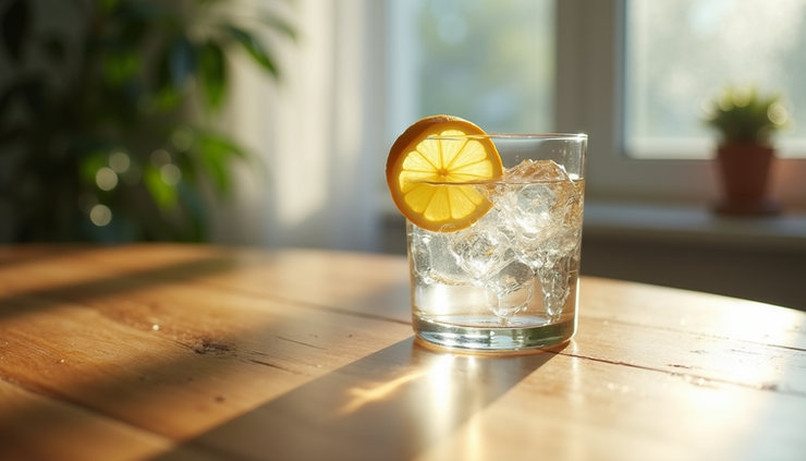 Eye-level view of a clear glass of water on a wooden table with a lemon slice