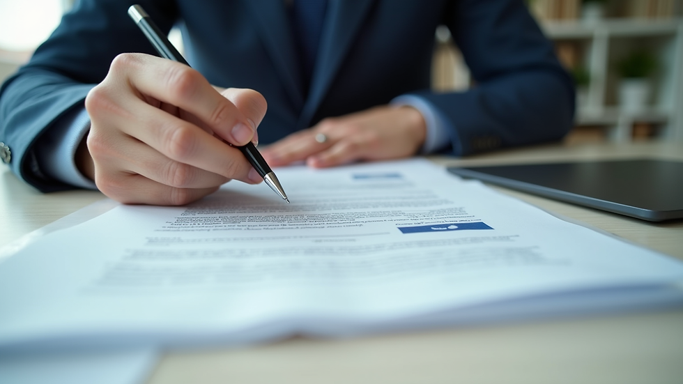Close-up view of a person reviewing insurance policy documents on a desk
