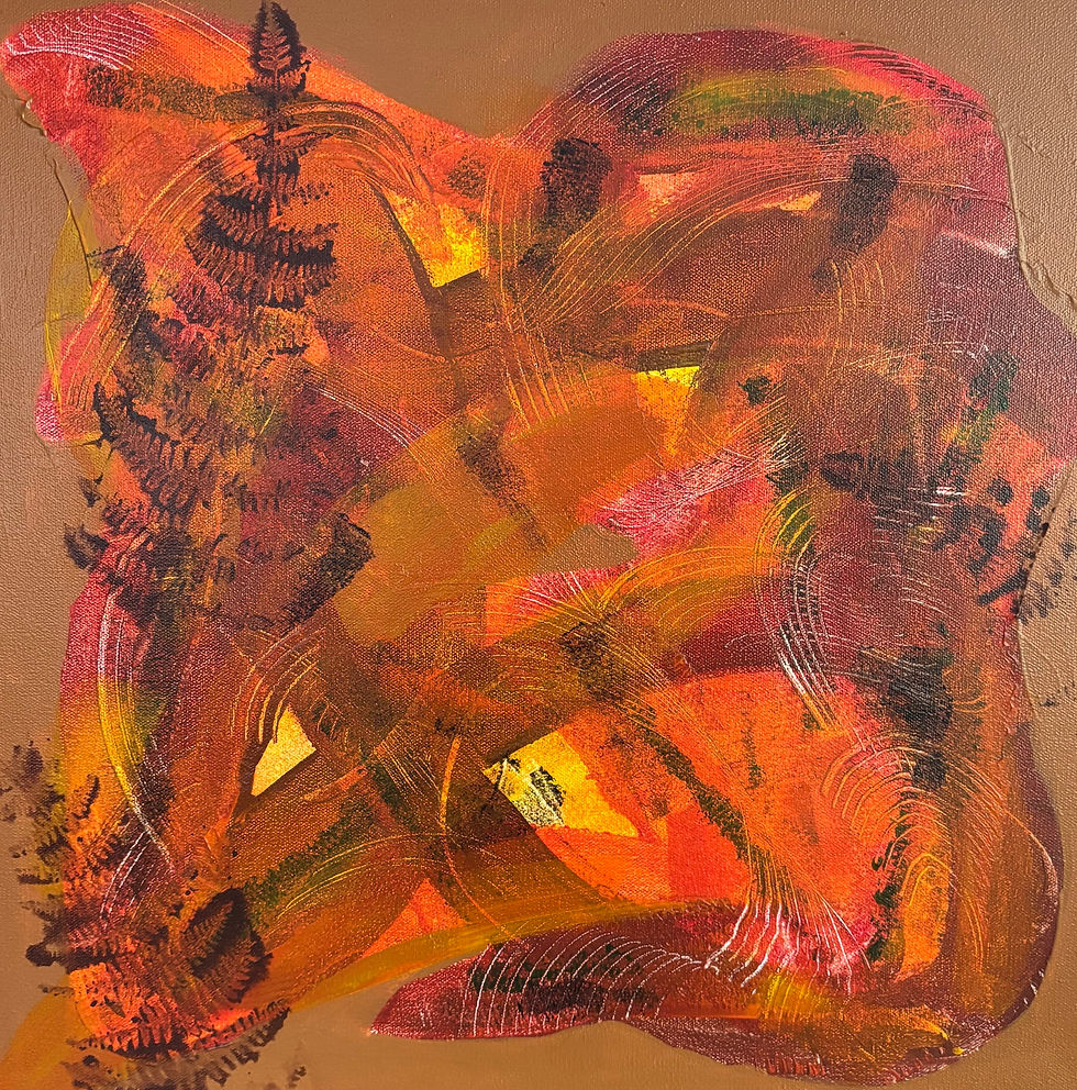 Abstract art with bold orange and red brushstrokes; Debbie Tracey Art.