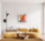 Abstract art painting in orange and white, displayed in modern living room