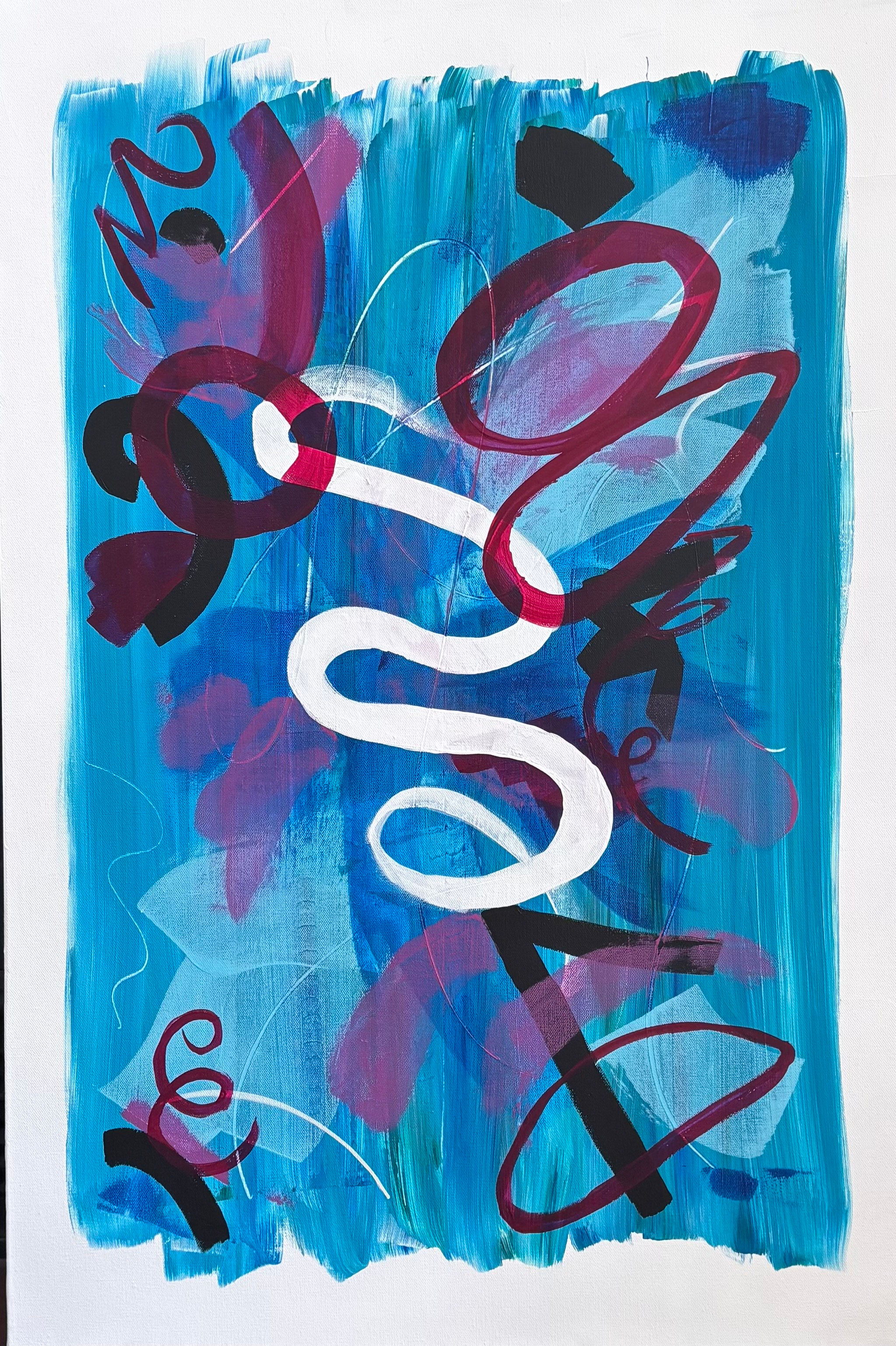 Abstract art painting: white line, purple, teal