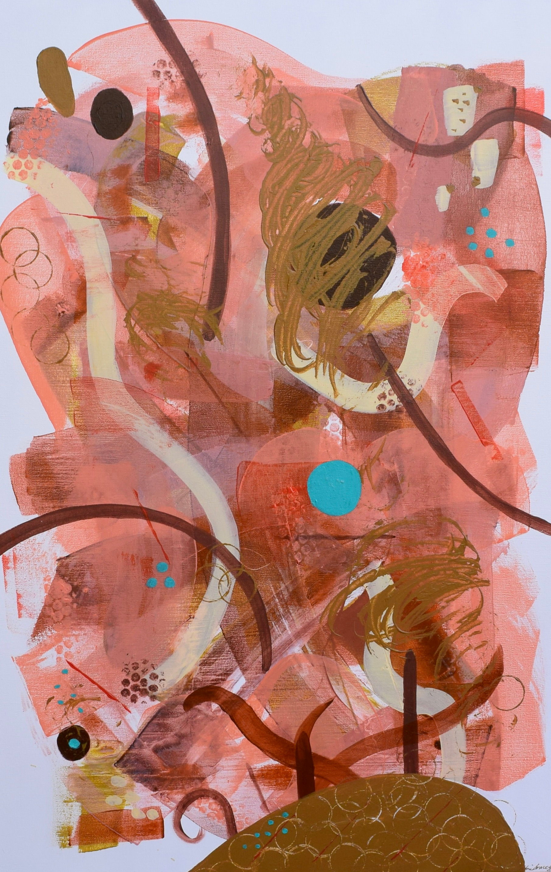 Abstract art with brown, beige, and blue shapes; Debbie Tracey Art.