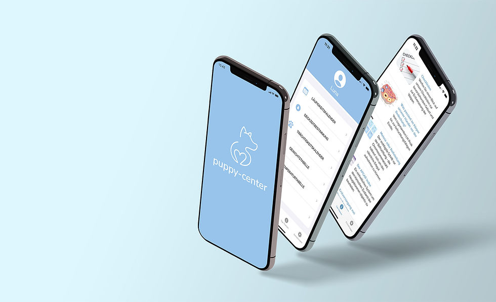 Drei Smartphones mit der App-Oberfläche, puppy-center, Romy Design Portfolio