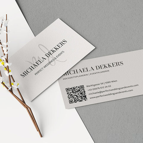 perfect weddings and events Visitenkarten mit Text und QR-Code, Romy Design Portfolio