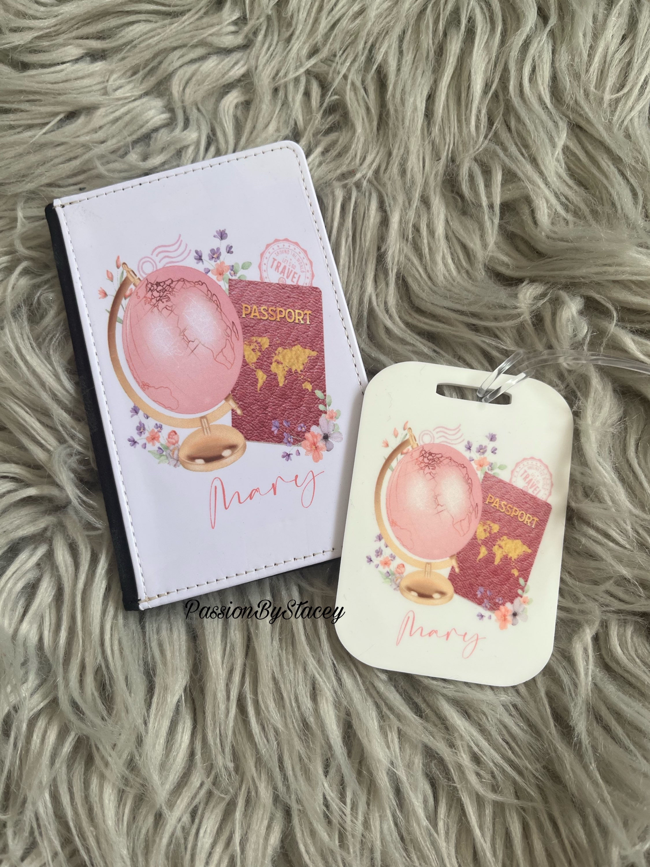 Pink globe passport cover and luggage tag