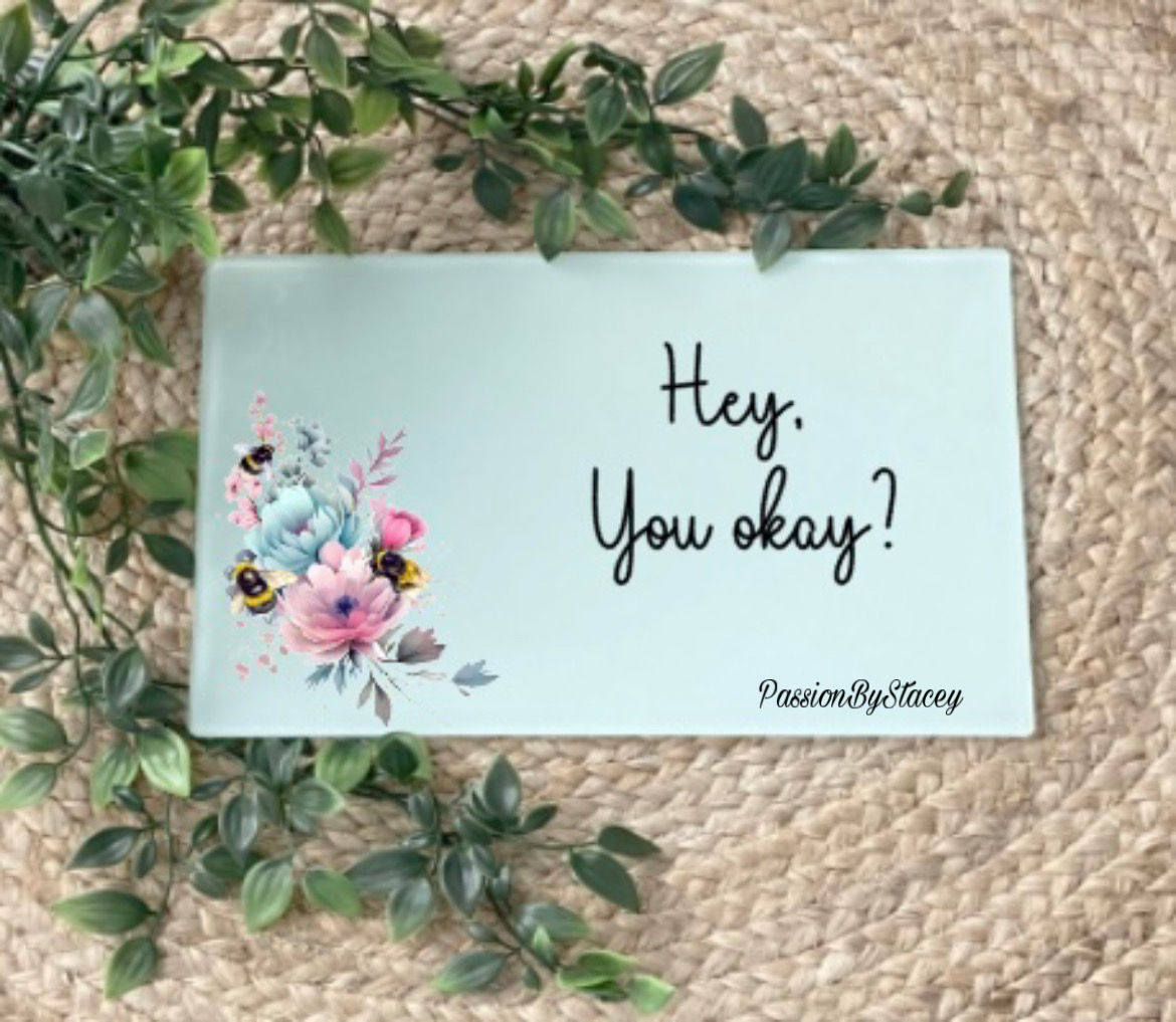 Pink & blue bee glass chopping board 