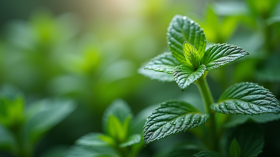 Close-up view of fresh peppermint leaves with visible water droplets