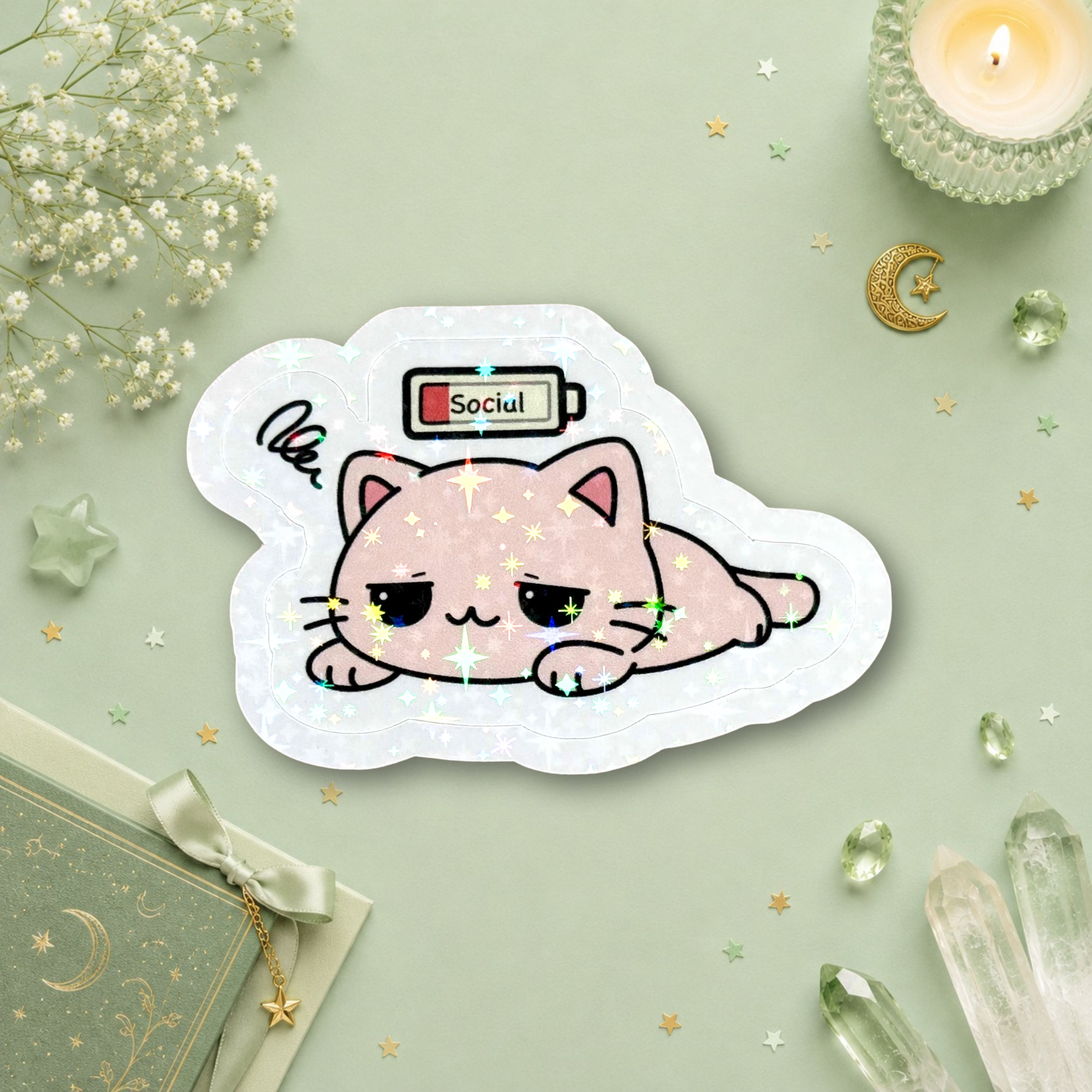 Social Battery Cat Glitter Sticker