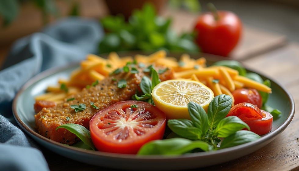 Teller mit Tomaten, Zitrone und Gemüse