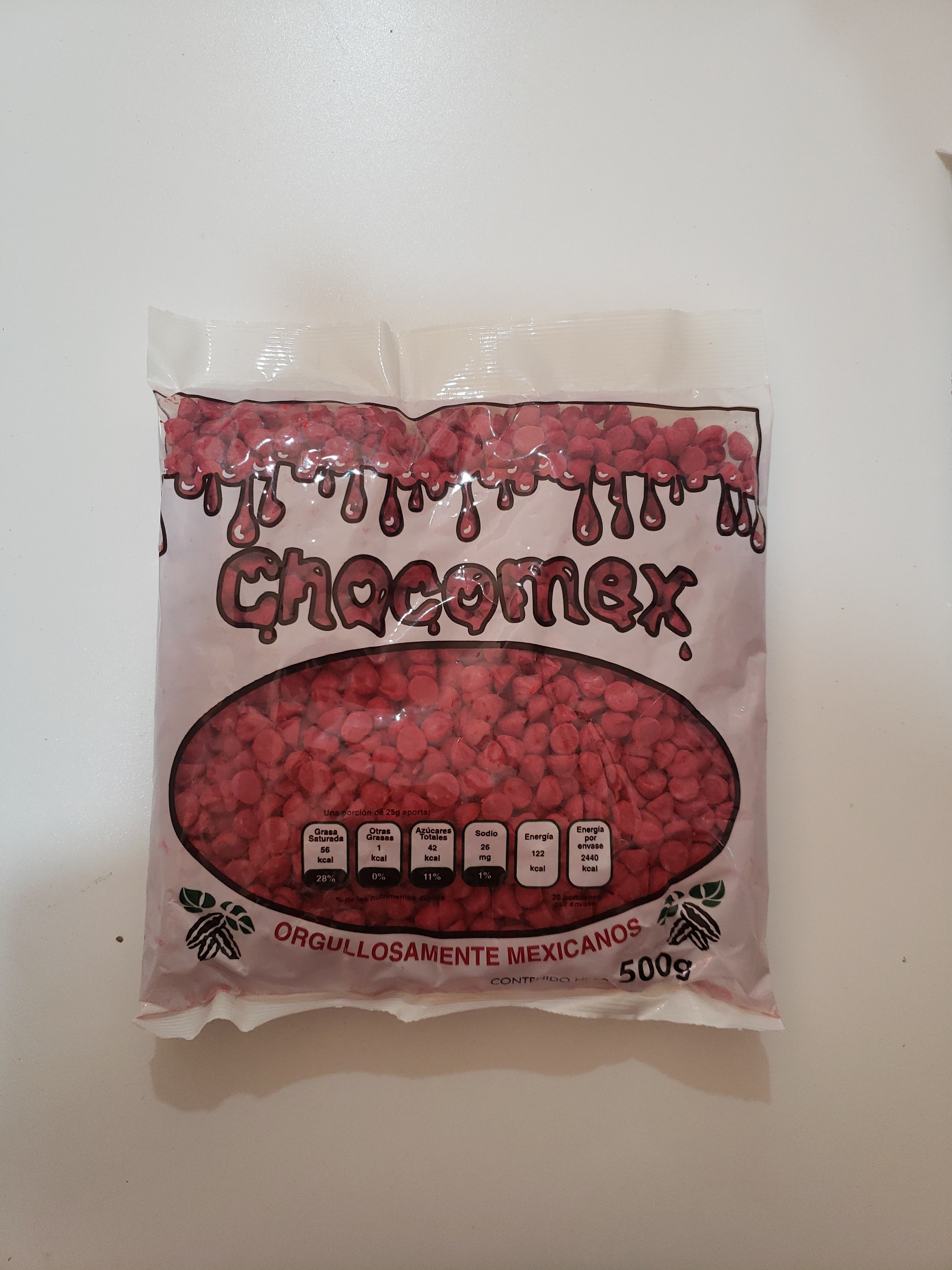 BOLSA CHISPAS DE CHOCOLATE ROJO C/500 G CHOCOMEX