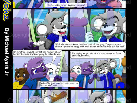 In this continuous skateboard comic page story, on the crowded subway, Mykel tries to convince Yohz that Rosabean doesn't what to be bother with him because she had a protective boyfriend who's part of a gang.